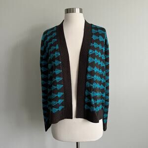 San Remo Knits Open Sweater Cardigan Charcoal Grey Blue Geo Large